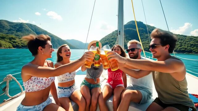 Happy friends clink drinks while sailing Crystal water stretches to green island hills Sun shines bright during a summer vacation Relaxation and cheers