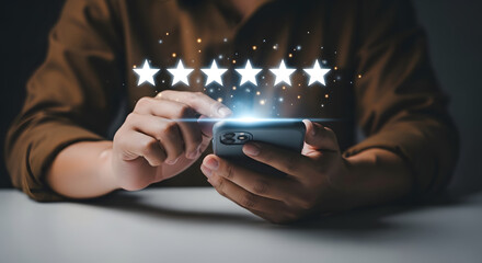 A customer gives a glowing five-star satisfaction rating on a smartphone for a positive review.