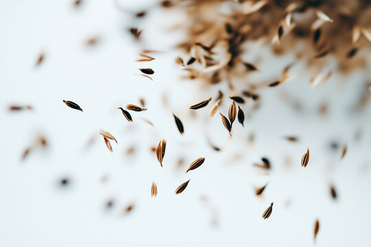 Brightly lit whole cumin seeds scattered on a surface, showcasing their rich brown color and unique shape in natural light, emphasizing their importance in culinary uses