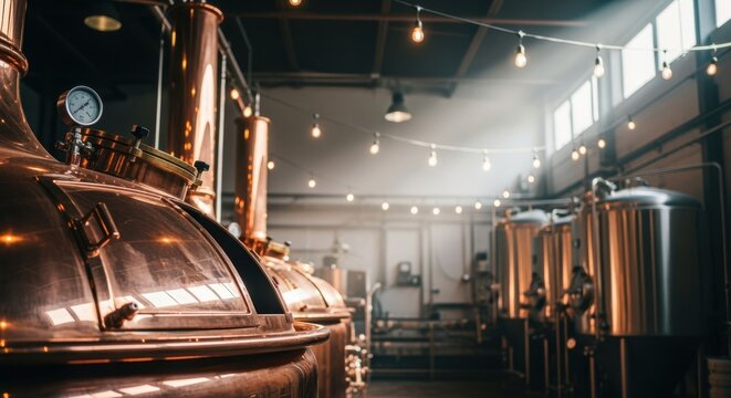 Interior shot of a beer brewery featuring polished brew kettles and industrial lighting.