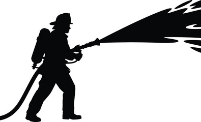 Naklejka premium Firefighter spraying water with a hose in a silhouette style silhouette