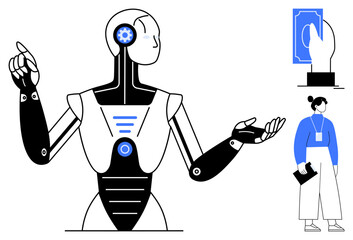 Human-thumbs up robot gesturing, hand making contactless payment using card, and woman with tablet. Ideal for AI, fintech, automation, robotics, business innovation cashless economy. A simple flat