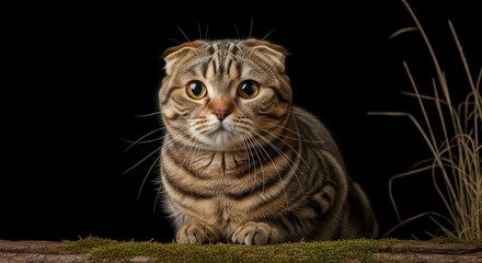 Scottish fold cat with folded ears and tabby coat sitting on mossy surface