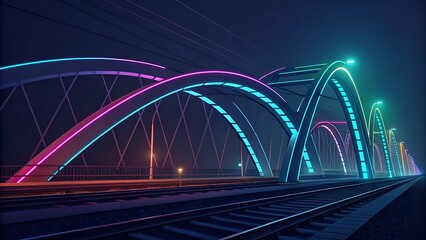 Fototapeta premium A view of a bridge with neon lights at night over train tracks with a dark blue background