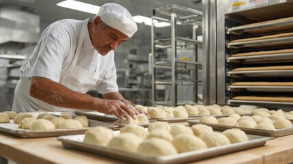 Baker arranges shaped dough pieces neatly on metal trays ready for proofing before baking in a modern industrial kitchen setting.