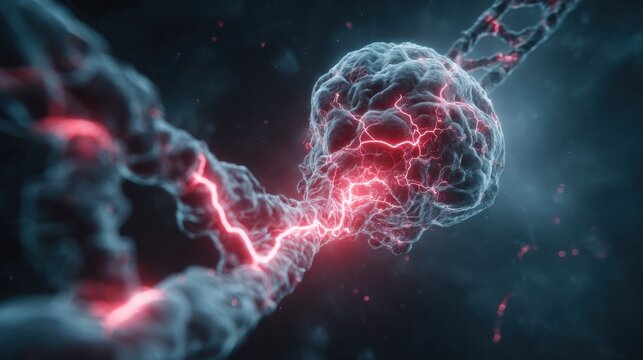 Futuristic schematic of human metabolism featuring episodic neurovisceral lightning and erratic heme pathway glitches illustrated by red warning flashes.