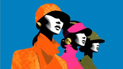 High Fashion Pop Art Women – Vector Style
Stylized vector of three elegant women in luxury outfits and bold hats. Chic editorial look with vivid colors, modern glamor and retro-futuristic design appea