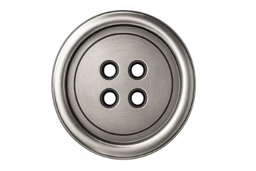 Brushed metal button with four holes isolated on transparent background, providing a classic and versatile design element