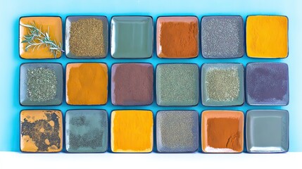 Fototapeta premium Colorful spices arranged on dishes against blue background, food photography