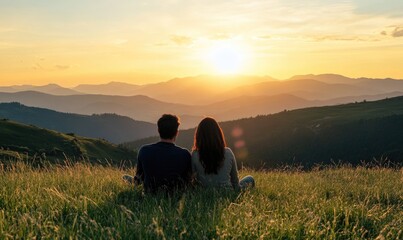 sweet romantic couple is relaxing at nature field in the evening sunset on their summer holiday trip.	