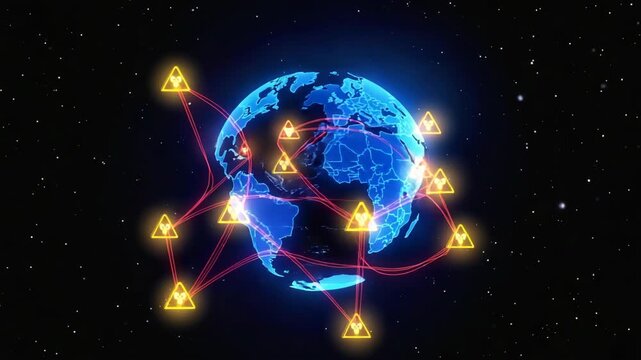 Futuristic digital Earth with glowing radioactive warning signs and red data paths, symbolizing global threat, cyber attack, nuclear crisis, hacking, world danger alert, critical internet disruption.