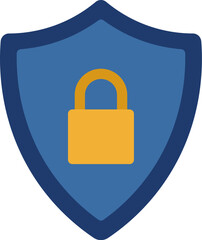 Blue shield security with gold lock icon. Vector illustration.