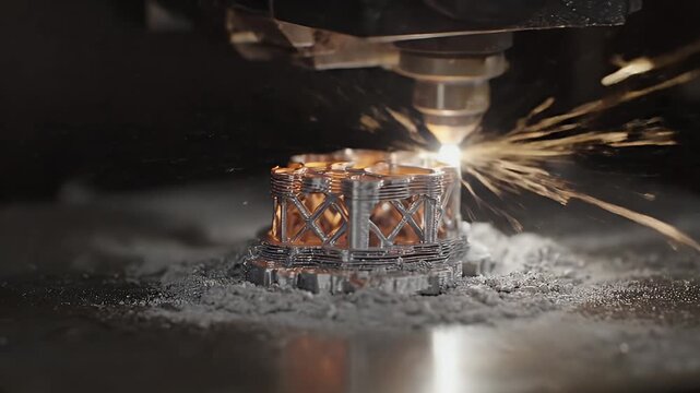 Time-lapse macro shot of an industrial 3D printer using a laser to create a complex metal part from powder, showing additive manufacturing