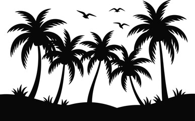 Tropical Palm Trees with Birds Black and White Silhouette