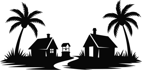 Obraz premium Tropical Village Landscape with Houses and Palm Trees Silhouette