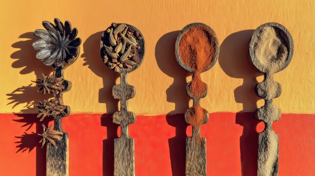 Colorful spices in wooden spoons, vibrant background, food blog - Powered by Adobe