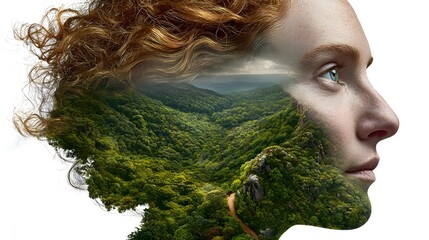 Composite image of a woman's face with a layered landscape.