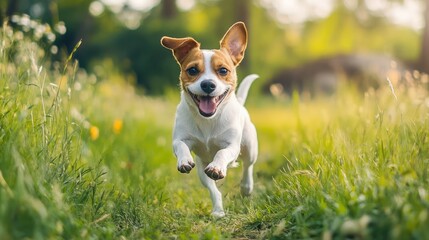 A small dog is running through a field of grass