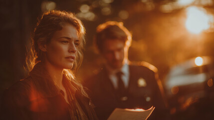 Naklejka na ściany i meble Sunset silhouettes: woman detective reading letter outdoors in forest or park with background male presence in police uniform, concept of crime