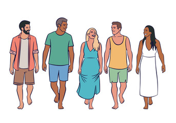 Group of five adult friends in light summer clothing. Isolated on transparent background.