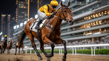 Dynamic night horse racing scene captures speed and excitement on illuminated urban track