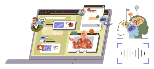 Laptop screen showing video calls, graphs, messages, and avatars. Depicts teamwork, communication, and brainstorming. Ideal for remote work, education strategy innovation productivity creativity