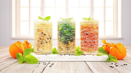 Three refreshing fruit drinks on wood table, bright window background