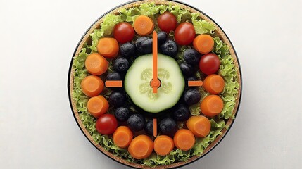 Healthy fruit & veggie clock on white background