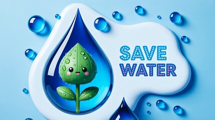 Cute cartoon leaf inside water drop with save water message