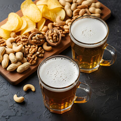 Two frothy beer mugs with pretzels chips and pistachios on dark wooden table, banner template for pub bar beer festival advertising with copyspace.
