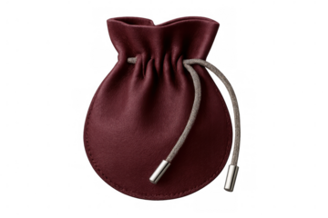 Closed red leather pouch with drawstring isolated on transparent background, ideal for storing small items