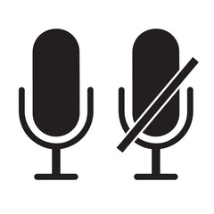 Microphone and Mute Icon Set – Audio Recording and Silence Symbols – Flat Black Vector