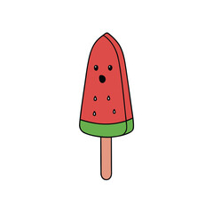 A refreshing watermelon popsicle with visible seeds and a sturdy wooden stick
