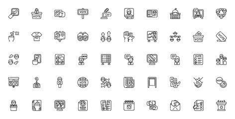 Voting elections icon set. Political vector symbols pack. Includes vote, ballot, microphone, candidate, polling, speech, justice scale, politician and more. Editable stroke.