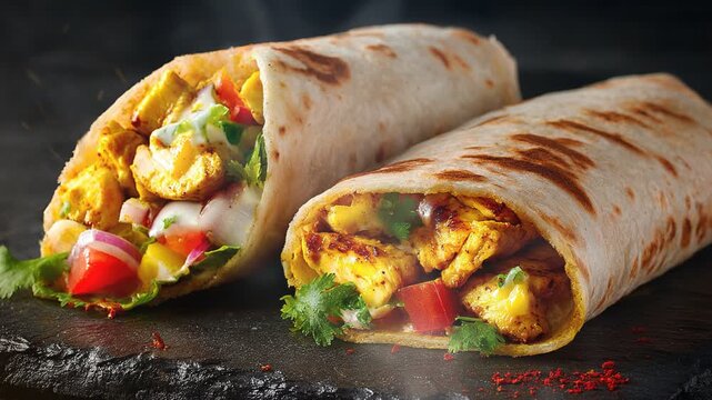 Chicken Frankie roll indian food on dark background with smoke