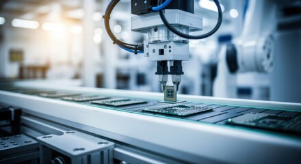 Manufacturing technology with robotics mounting processor on production conveyor belt.