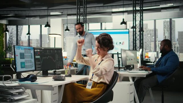 Account administrator celebrates candlestick charts upward trends, happy and cheerful about stock trade progress. Improvement and opportunity to make a fortune. Business growth. Camera A.