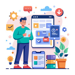 Man using tablet with mobile app development and design concept illustration