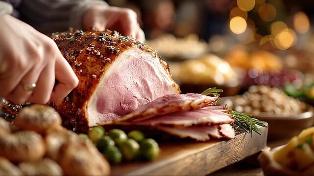 A person slicing a cooked ham on a wooden cutting board, surrounded by side dishes on a festive table setting
