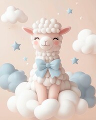 Japanese Kawaii, Pastel Colors, Playful, Cute Cartoon Lamb Character with Clouds and Stars in Soft Colors