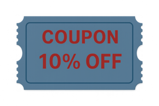 Blue coupon offering a 10% discount, isolated on a transparent background, perfect for marketing and advertising campaigns