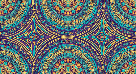 Obraz premium Intricate repeating pattern featuring concentric circles and diamond shapes in shades of blue, gold, and purple.