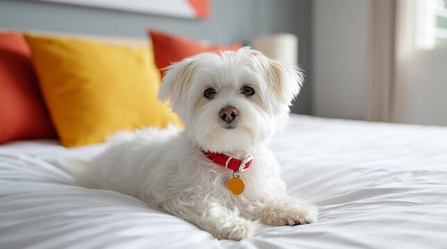 A cute dog maltese on a holiday on the bed