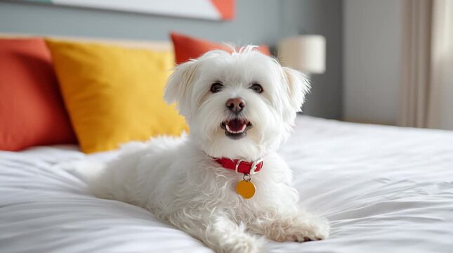 A cute dog maltese lying on the bed