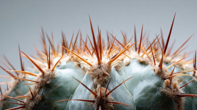 Close-up view of cactus spikes, ribs, and areoles against a blurry grey backdrop
