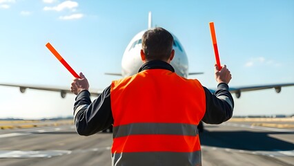 Airplane Marshalling on Runway by Ground Staff