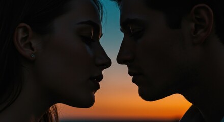 Silhouettes of lovers at dusk: a tender moment of connection and intimacy in soft focus