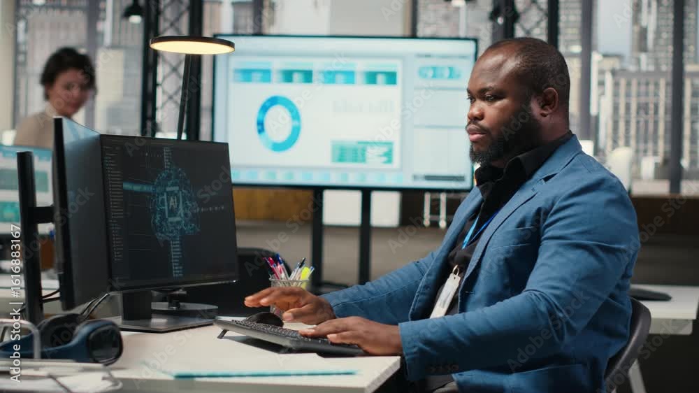 Poster black engineer uses artificial intelligence systems for automation and data mining, employing neural