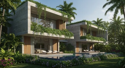 Contemporary tropical villas with lush greenery and modern architecture, integrating nature