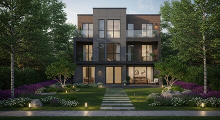 Contemporary townhome facade showcasing modern architecture within a lush landscape